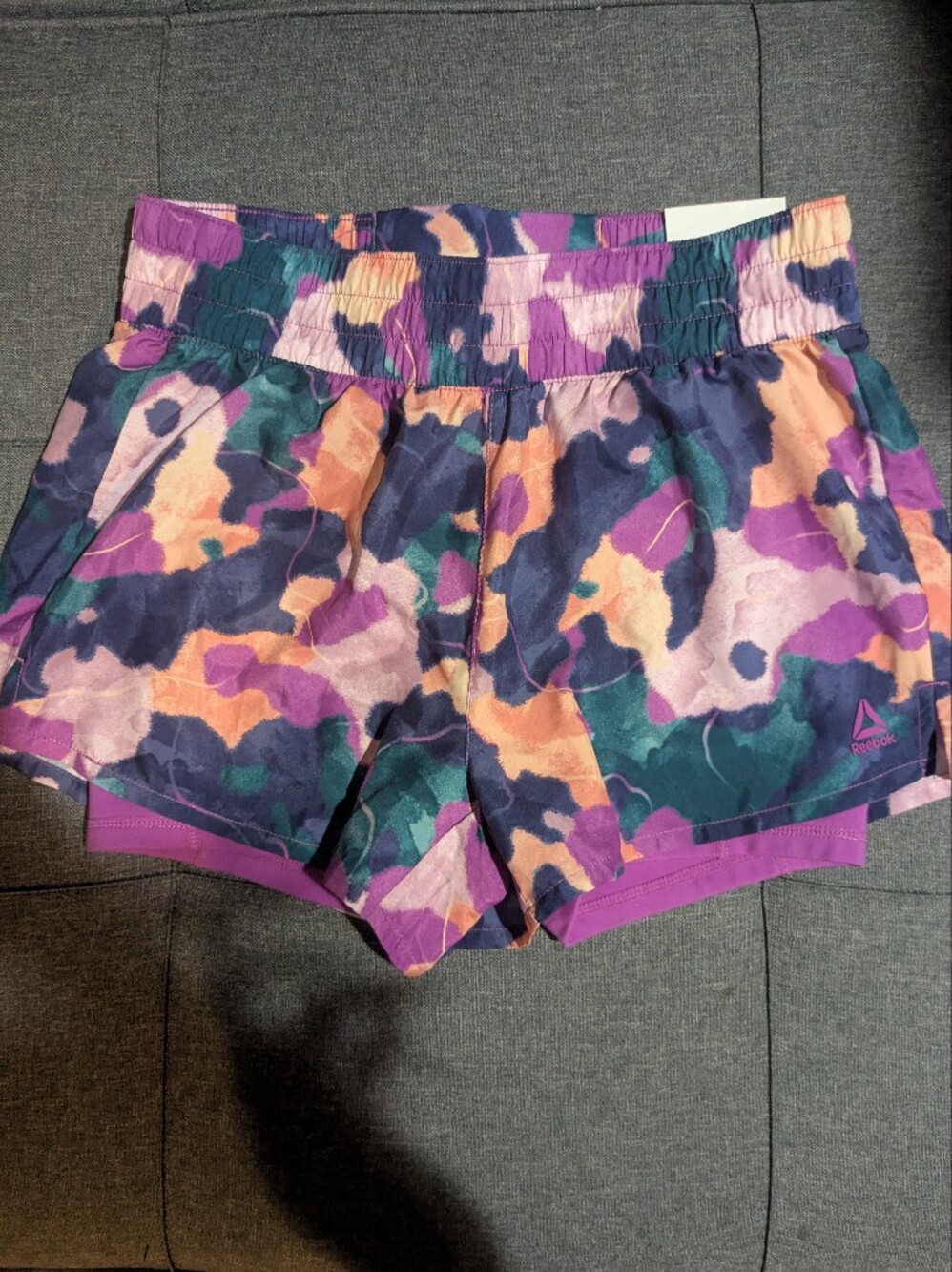 Reebok Women's Purple and Peach Camo Athletic Shorts